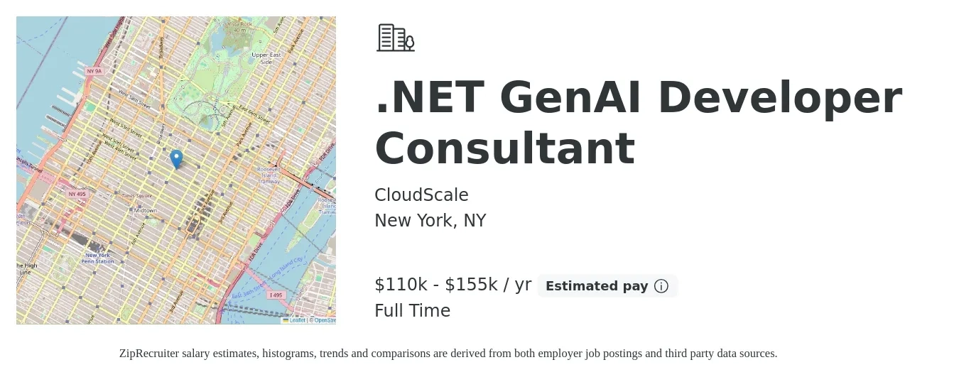 CloudScale job posting for a .NET GenAI Developer Consultant in New York, NY with a salary of $110,000 to $155,000 Yearly with a map of New York location.