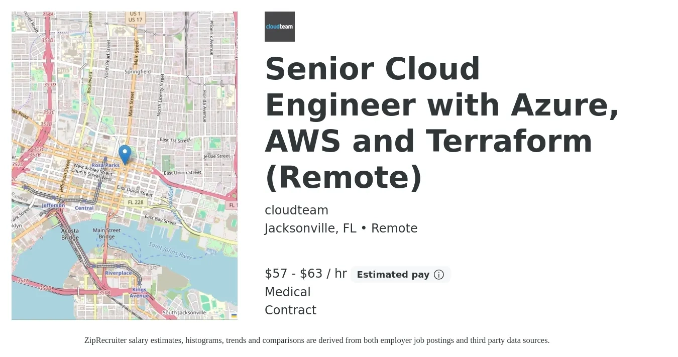 cloudteam job posting for a Senior Cloud Engineer with Azure, AWS and Terraform (Remote) in Jacksonville, FL with a salary of $60 to $66 Hourly and benefits including life_insurance, and medical with a map of Jacksonville location.
