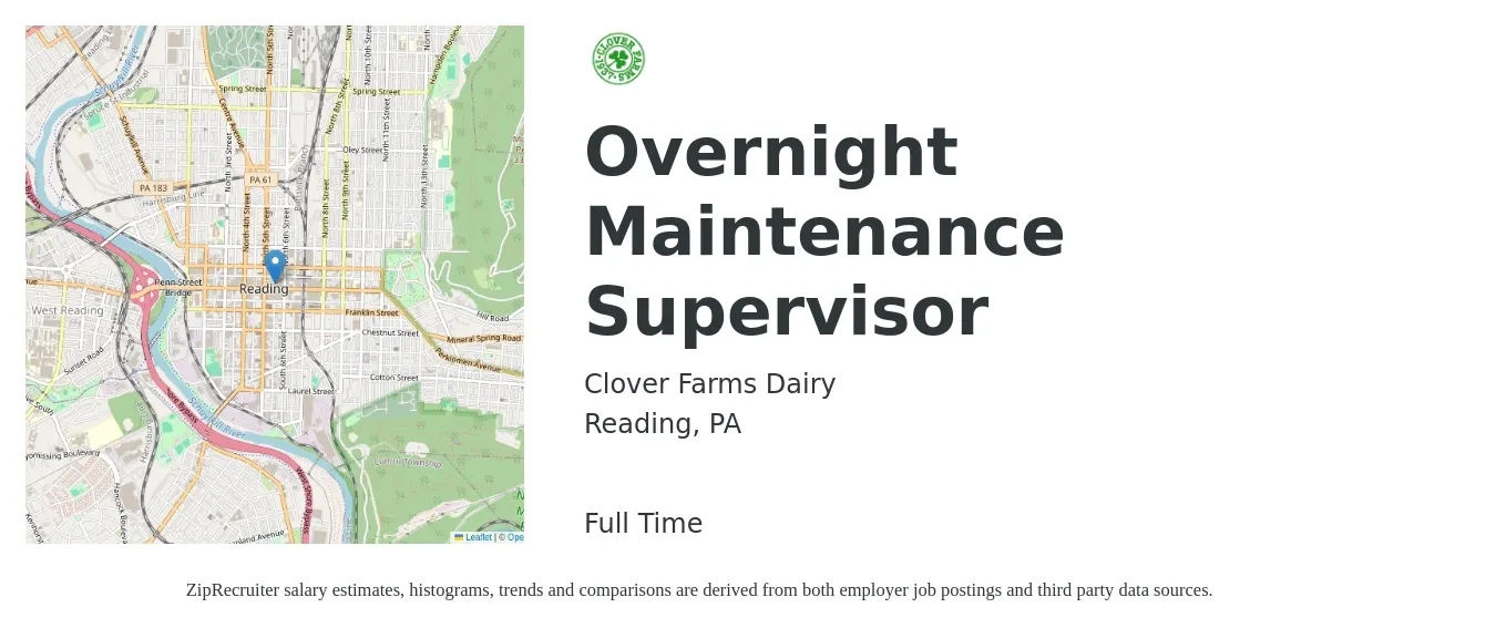 Clover Farms Dairy job posting for a Overnight Maintenance Supervisor in Reading, PA with a salary of $23 to $38 Hourly with a map of Reading location.