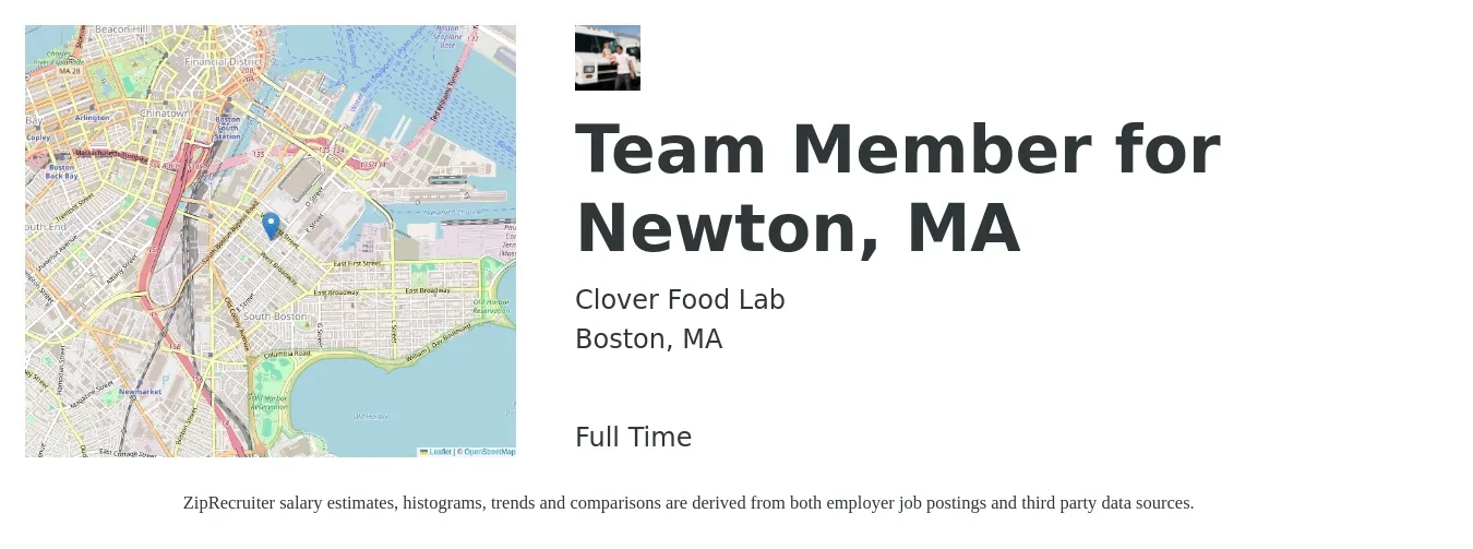 Clover Food Lab job posting for a Team Member for Newton, MA in Boston, MA with a salary of $12 Hourly with a map of Boston location.