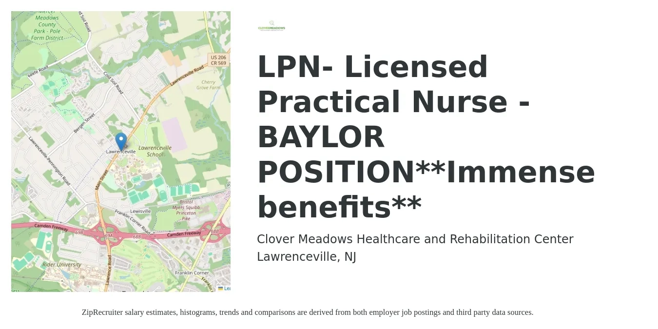 Clover Meadows Healthcare and Rehabilitation Center job posting for a LPN- Licensed Practical Nurse - BAYLOR POSITION**Immense benefits** in Lawrenceville, NJ with a salary of $27 to $37 Hourly with a map of Lawrenceville location.