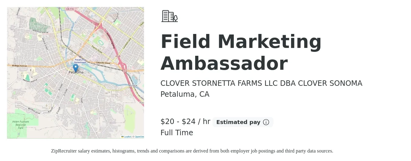CLOVER STORNETTA FARMS LLC DBA CLOVER SONOMA job posting for a Field Marketing Ambassador in Petaluma, CA with a salary of $21 to $25 Hourly with a map of Petaluma location.