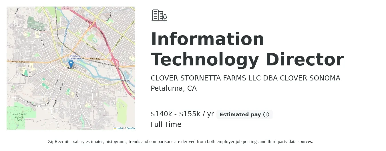 CLOVER STORNETTA FARMS LLC DBA CLOVER SONOMA job posting for a Information Technology Director in Petaluma, CA with a salary of $140,000 to $155,000 Yearly with a map of Petaluma location.