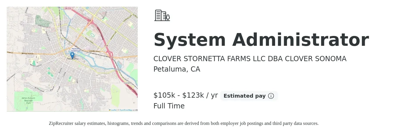 CLOVER STORNETTA FARMS LLC DBA CLOVER SONOMA job posting for a System Administrator in Petaluma, CA with a salary of $105,000 to $123,500 Yearly with a map of Petaluma location.