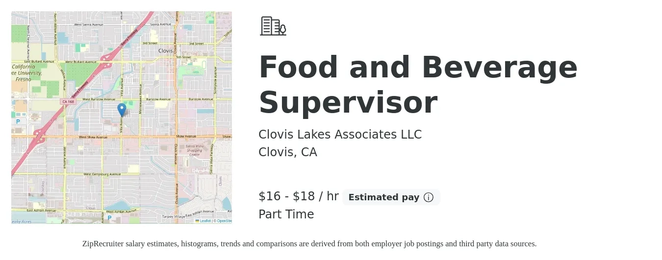 Clovis Lakes Associates LLC job posting for a Food and Beverage Supervisor in Clovis, CA with a salary of $17 to $19 Hourly with a map of Clovis location.