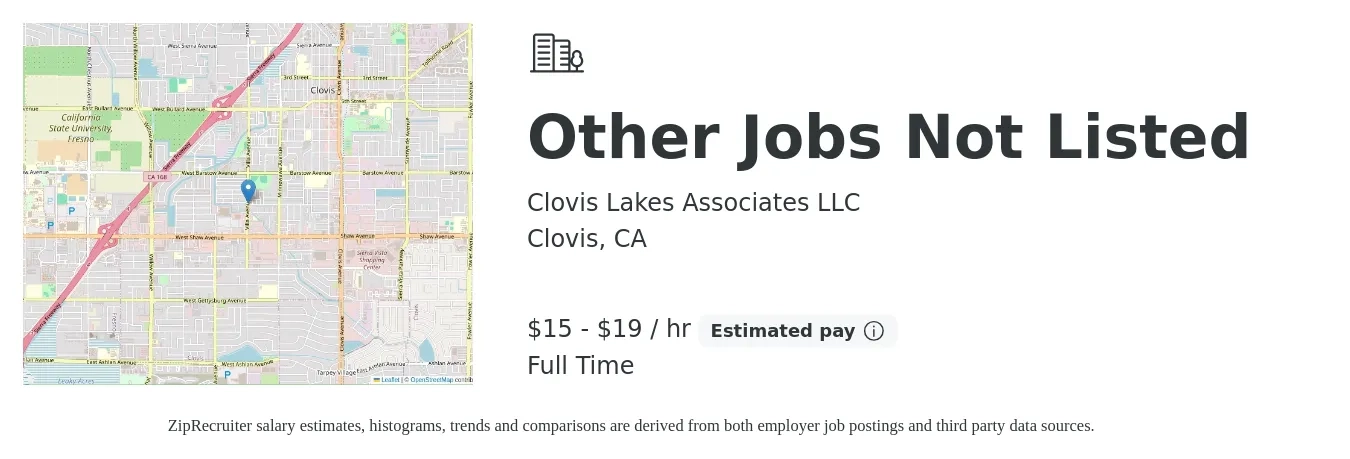 Clovis Lakes Associates LLC job posting for a Other Jobs Not Listed in Clovis, CA with a salary of $16 to $20 Hourly with a map of Clovis location.