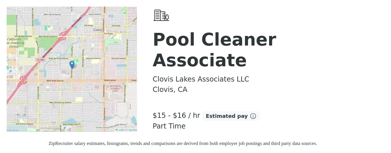Clovis Lakes Associates LLC job posting for a Pool Cleaner Associate in Clovis, CA with a salary of $16 to $17 Hourly with a map of Clovis location.