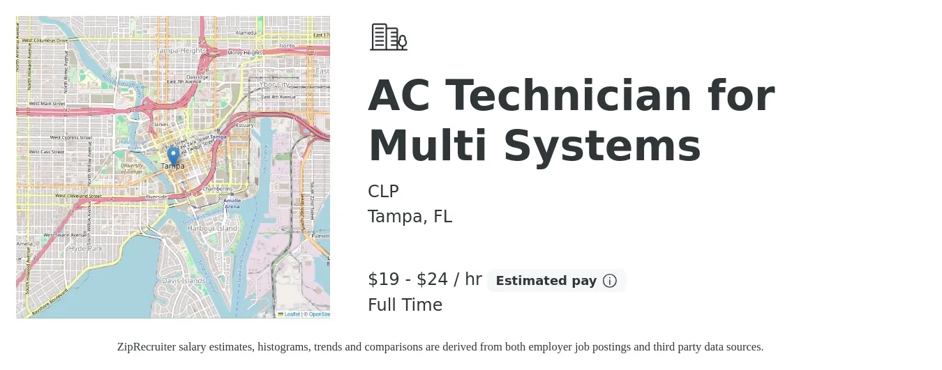 CLP job posting for a AC Technician for Multi Systems in Tampa, FL with a salary of $20 to $25 Hourly with a map of Tampa location.