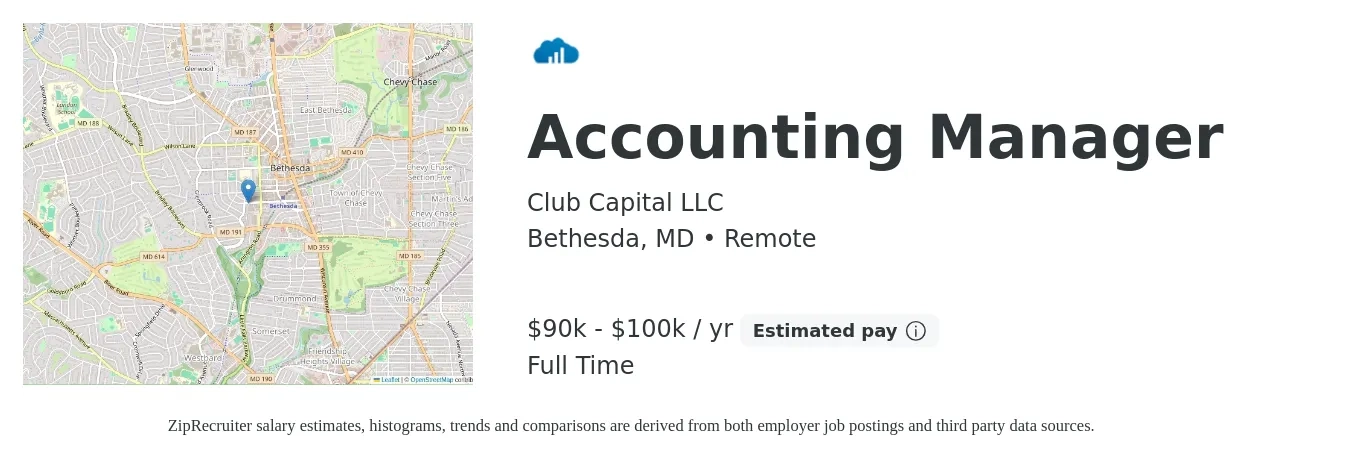 Club Capital LLC job posting for a Accounting Manager in Bethesda, MD with a salary of $90,000 to $100,000 Yearly with a map of Bethesda location.