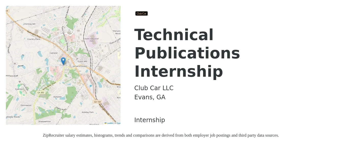 Club Car LLC job posting for a Technical Publications Internship in Evans, GA with a salary of $26 to $42 Hourly with a map of Evans location.