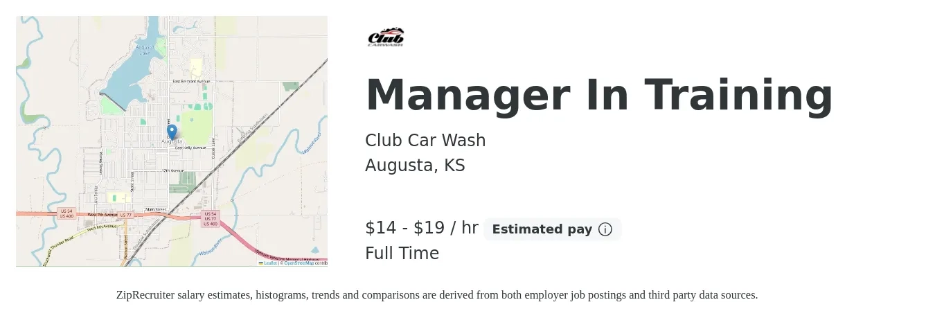 Club Car Wash job posting for a Manager In Training in Augusta, KS with a salary of $15 to $20 Hourly with a map of Augusta location.