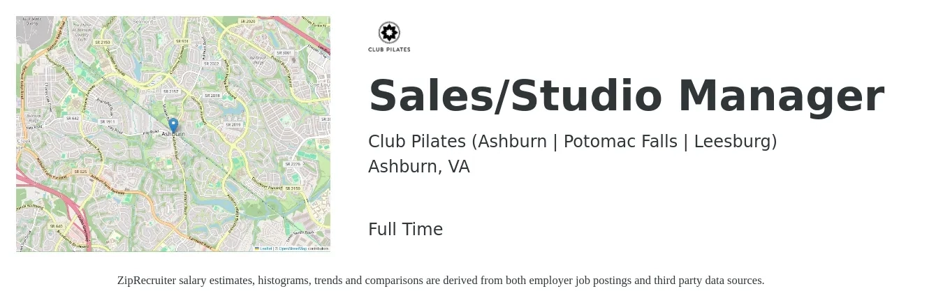 Club Pilates (Ashburn | Potomac Falls | Leesburg) job posting for a Sales/Studio Manager in Ashburn, VA with a salary of $46,000 to $98,700 Yearly with a map of Ashburn location.