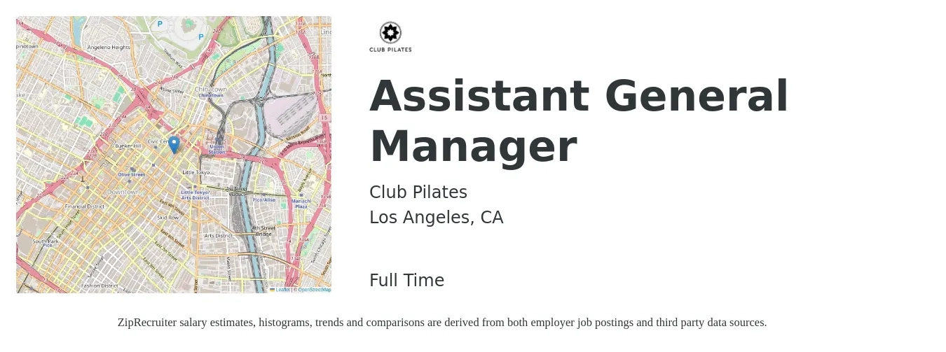 Club Pilates job posting for a Assistant General Manager in Los Angeles, CA with a salary of $19 to $20 Hourly with a map of Los Angeles location.