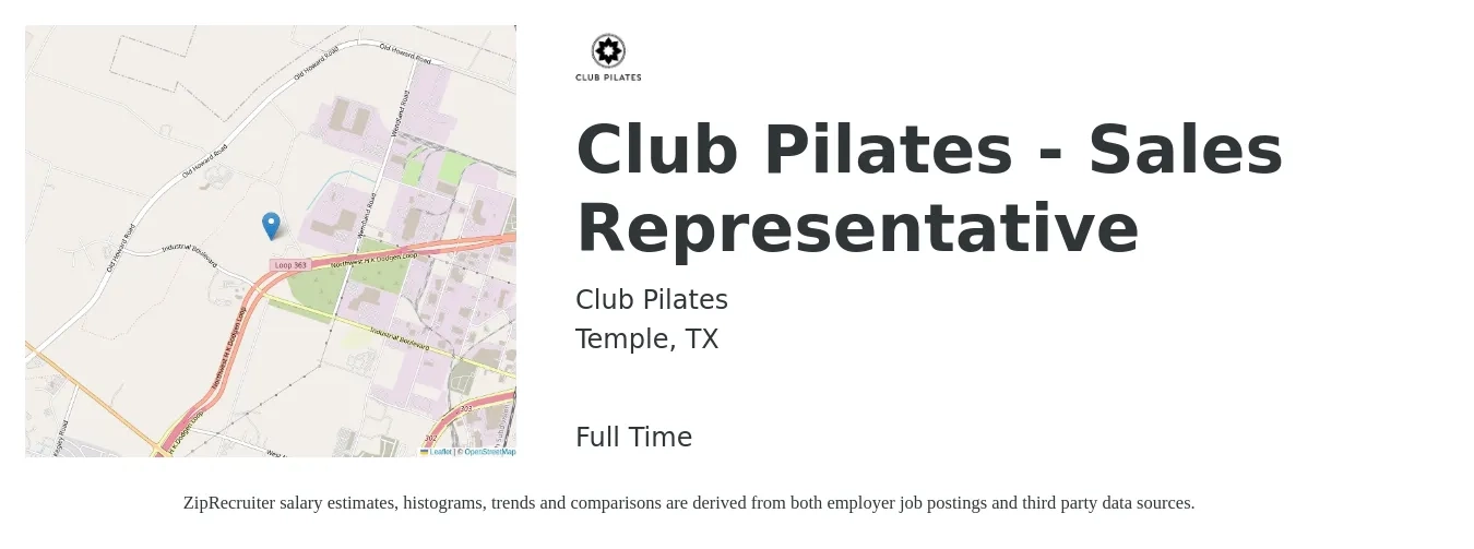 Club Pilates job posting for a Club Pilates - Sales Representative in Temple, TX with a salary of $49,700 to $86,400 Yearly with a map of Temple location.