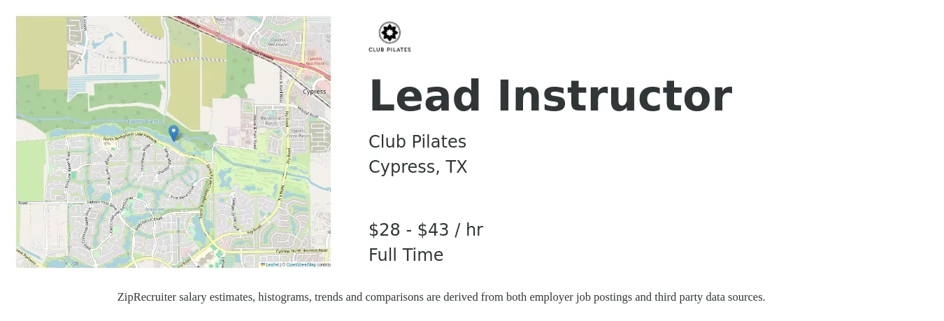 Club Pilates job posting for a Lead Instructor in Cypress, TX with a salary of $30 to $45 Hourly with a map of Cypress location.