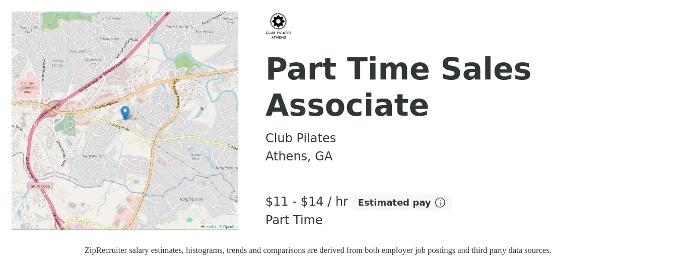 Club Pilates job posting for a Part Time Sales Associate in Athens, GA with a salary of $12 to $15 Hourly (plus commission) with a map of Athens location.