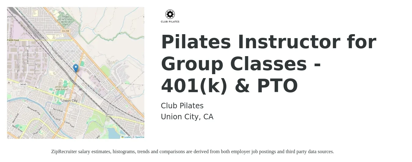 Club Pilates job posting for a Pilates Instructor for Group Classes - 401(k) & PTO in Union City, CA with a salary of $30 Hourly with a map of Union City location.