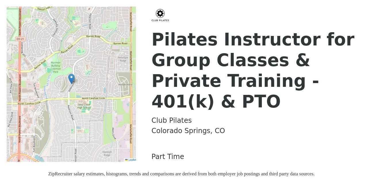 Club Pilates job posting for a Pilates Instructor for Group Classes & Private Training - 401(k) & PTO in Colorado Springs, CO with a salary of $30 Hourly with a map of Colorado Springs location.
