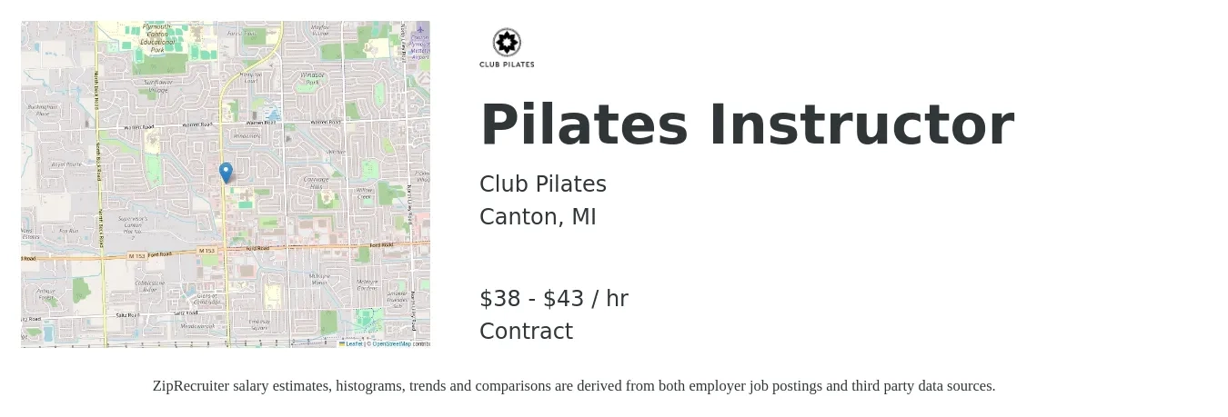 Club Pilates job posting for a Pilates Instructor in Canton, MI with a salary of $40 to $45 Hourly with a map of Canton location.