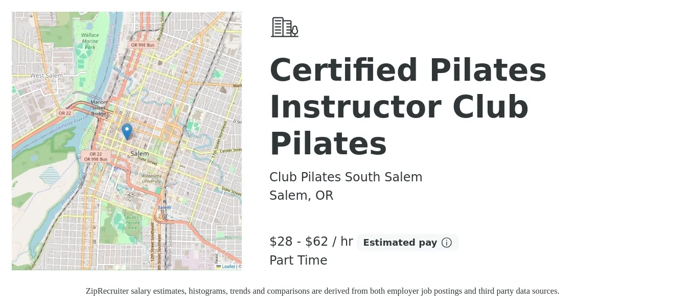Club Pilates South Salem job posting for a Certified Pilates Instructor Club Pilates in Salem, OR with a salary of $30 to $65 Hourly with a map of Salem location.