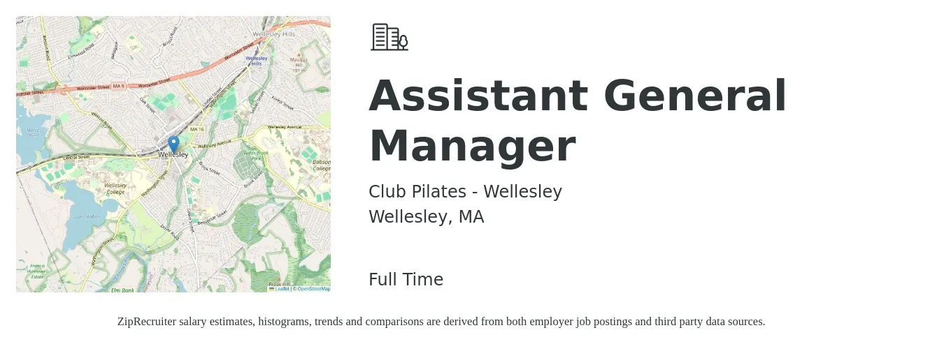 Club Pilates - Wellesley job posting for a Assistant General Manager in Wellesley, MA with a salary of $18 to $28 Hourly with a map of Wellesley location.
