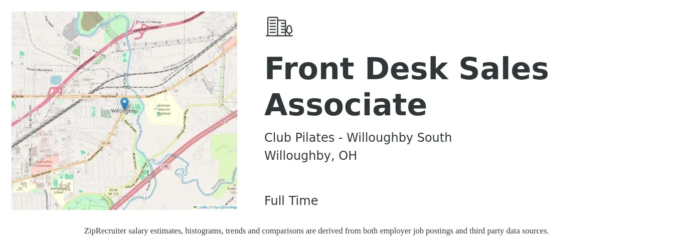 Club Pilates - Willoughby South job posting for a Front Desk Sales Associate in Willoughby, OH with a salary of $12 to $16 Hourly with a map of Willoughby location.
