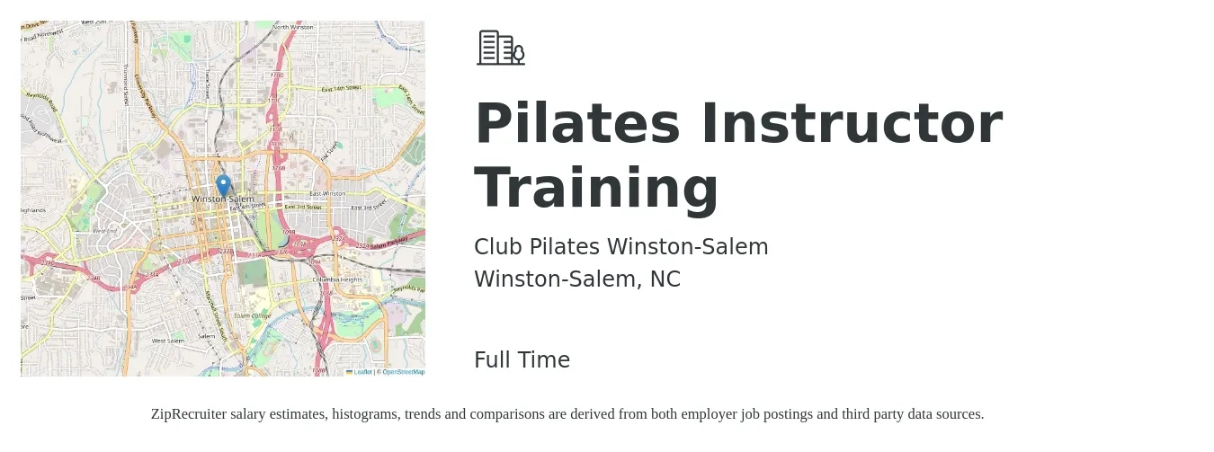 Club Pilates Winston-Salem job posting for a Pilates Instructor Training in Winston-Salem, NC with a salary of $22 to $40 Hourly with a map of Winston-Salem location.