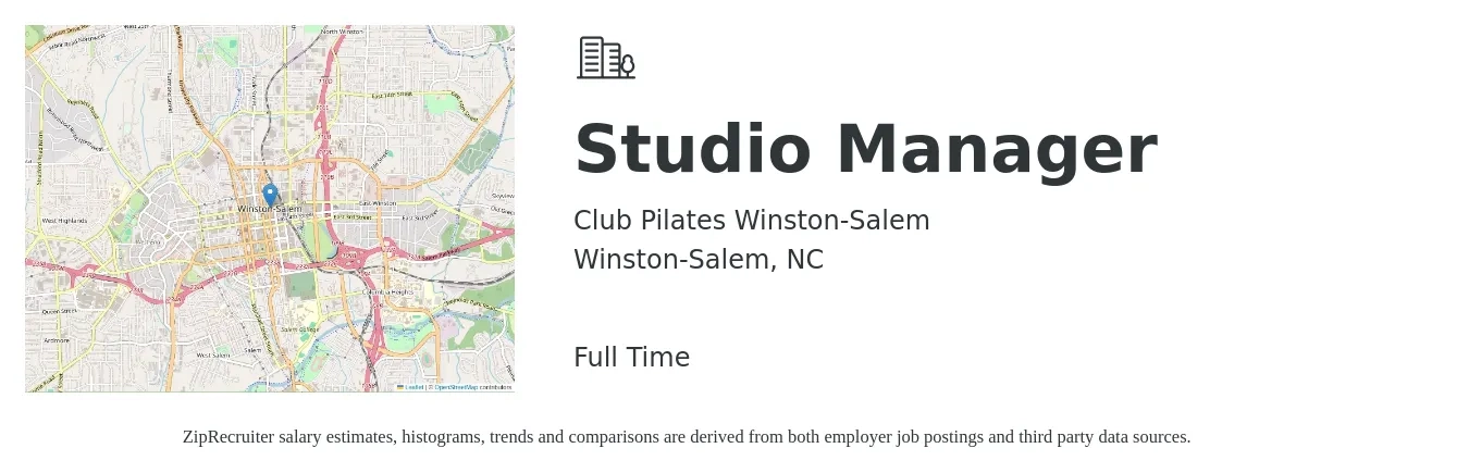 Club Pilates Winston-Salem job posting for a Studio Manager in Winston-Salem, NC with a salary of $38,800 to $55,400 Yearly with a map of Winston-Salem location.