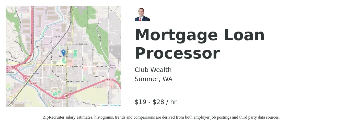 Club Wealth job posting for a Mortgage Loan Processor in Sumner, WA with a salary of $54,000 to $62,000 Yearly with a map of Sumner location.
