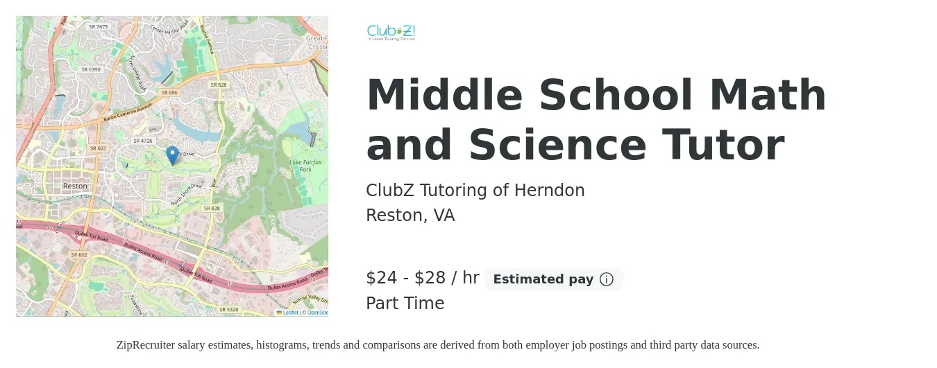 ClubZ Tutoring of Herndon job posting for a Middle School Math and Science Tutor in Reston, VA with a salary of $25 to $30 Hourly with a map of Reston location.