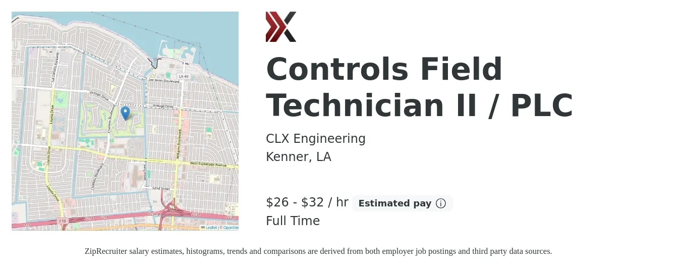 CLX Engineering job posting for a Controls Field Technician II / PLC in Kenner, LA with a salary of $28 to $34 Hourly with a map of Kenner location.