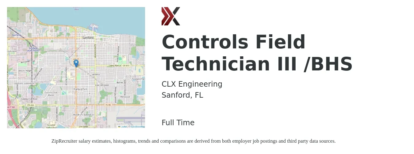 CLX Engineering job posting for a Controls Field Technician III /BHS in Sanford, FL with a salary of $27 to $36 Hourly with a map of Sanford location.