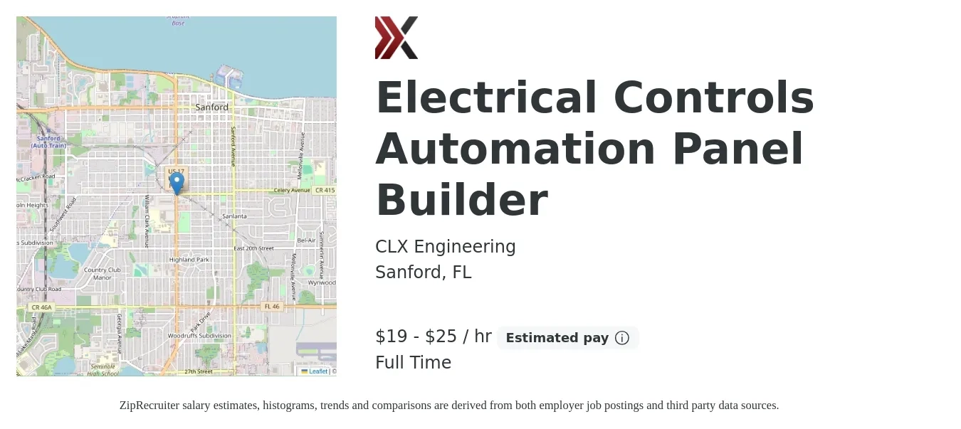 CLX Engineering job posting for a Electrical Controls Automation Panel Builder in Sanford, FL with a salary of $20 to $26 Hourly with a map of Sanford location.