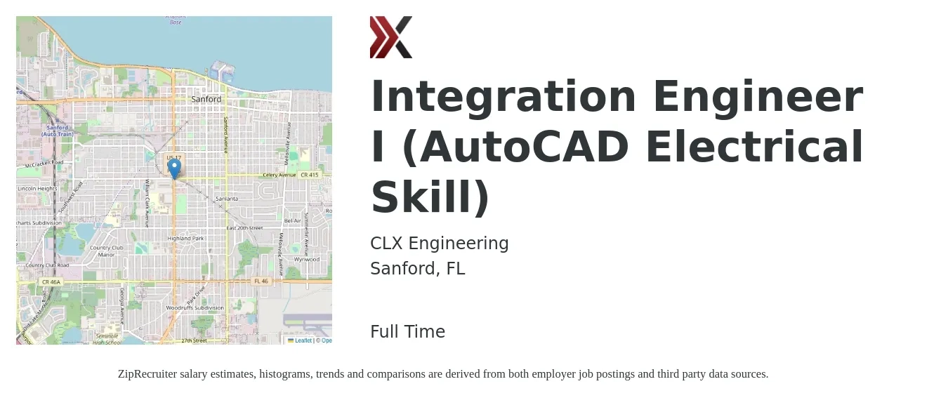 CLX Engineering job posting for a Integration Engineer I (AutoCAD Electrical Skill) in Sanford, FL with a salary of $62,000 to $78,000 Yearly with a map of Sanford location.