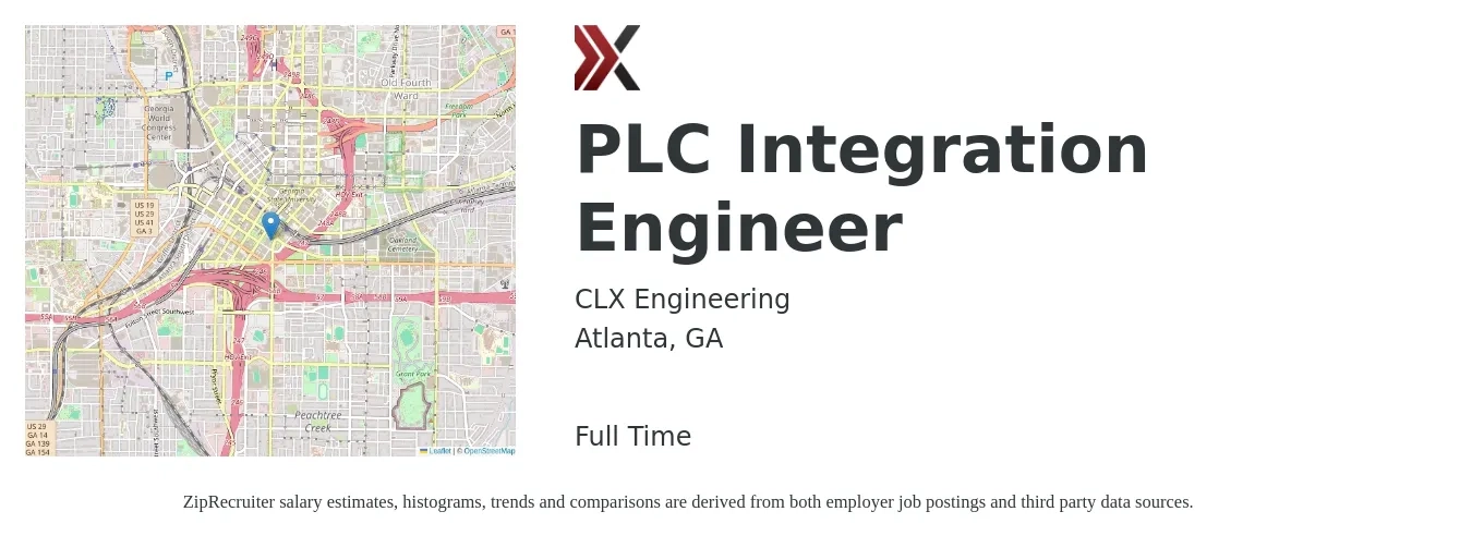 CLX Engineering job posting for a PLC Integration Engineer in Atlanta, GA with a salary of $48 to $62 Hourly with a map of Atlanta location.