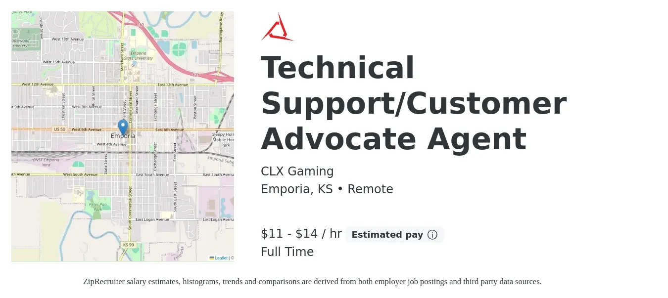 CLX Gaming job posting for a Technical Support/Customer Advocate Agent in Emporia, KS with a salary of $12 to $15 Hourly with a map of Emporia location.