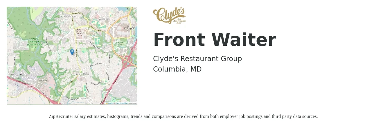 Clyde's Restaurant Group job posting for a Front Waiter in Columbia, MD with a salary of $18 to $42 Hourly with a map of Columbia location.