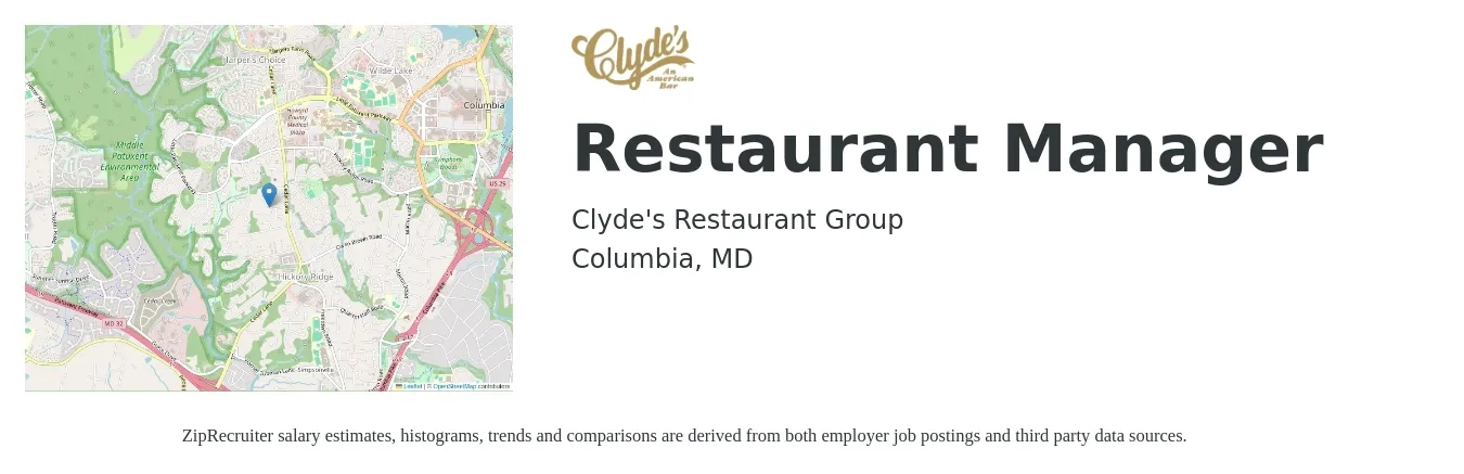Clyde's Restaurant Group job posting for a Restaurant Manager in Columbia, MD with a salary of $43,800 to $61,800 Yearly with a map of Columbia location.