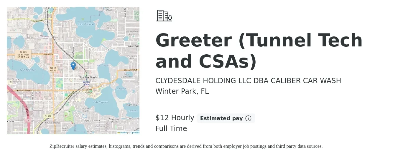 CLYDESDALE HOLDING LLC DBA CALIBER CAR WASH job posting for a Greeter (Tunnel Tech and CSAs) in Winter Park, FL with a salary of $13 Hourly with a map of Winter Park location.
