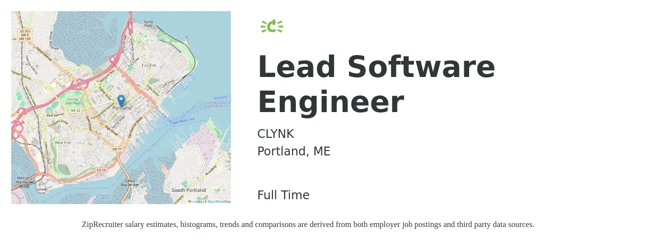 CLYNK job posting for a Lead Software Engineer in Portland, ME with a salary of $122,500 to $170,500 Yearly with a map of Portland location.