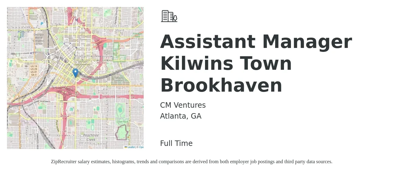 CM Ventures job posting for a Assistant Manager Kilwins Town Brookhaven in Atlanta, GA with a salary of $16 to $22 Hourly with a map of Atlanta location.