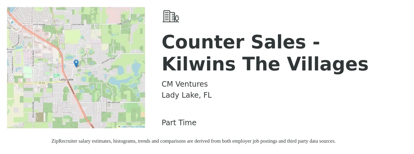 CM Ventures job posting for a Counter Sales Kilwins The Villages in Lady Lake, FL with a salary of $14 to $18 Hourly with a map of Lady Lake location.