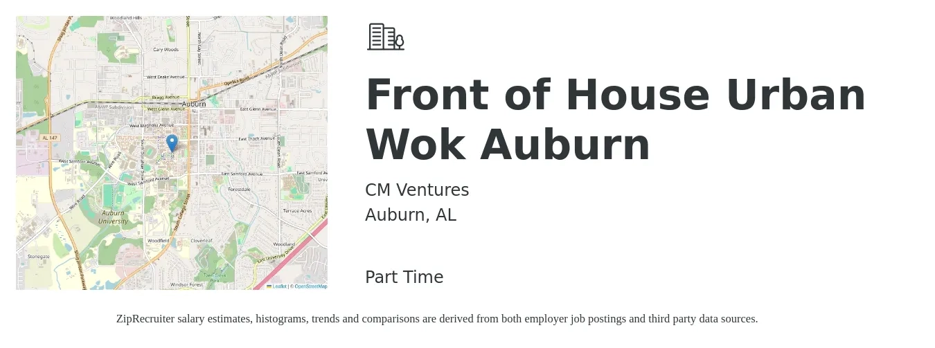 CM Ventures job posting for a Front of House Urban Wok Auburn in Auburn, AL with a salary of $11 Hourly with a map of Auburn location.
