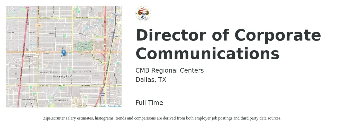 CMB Regional Centers job posting for a Director of Corporate Communications in Dallas, TX with a salary of $88,700 to $190,800 Yearly with a map of Dallas location.
