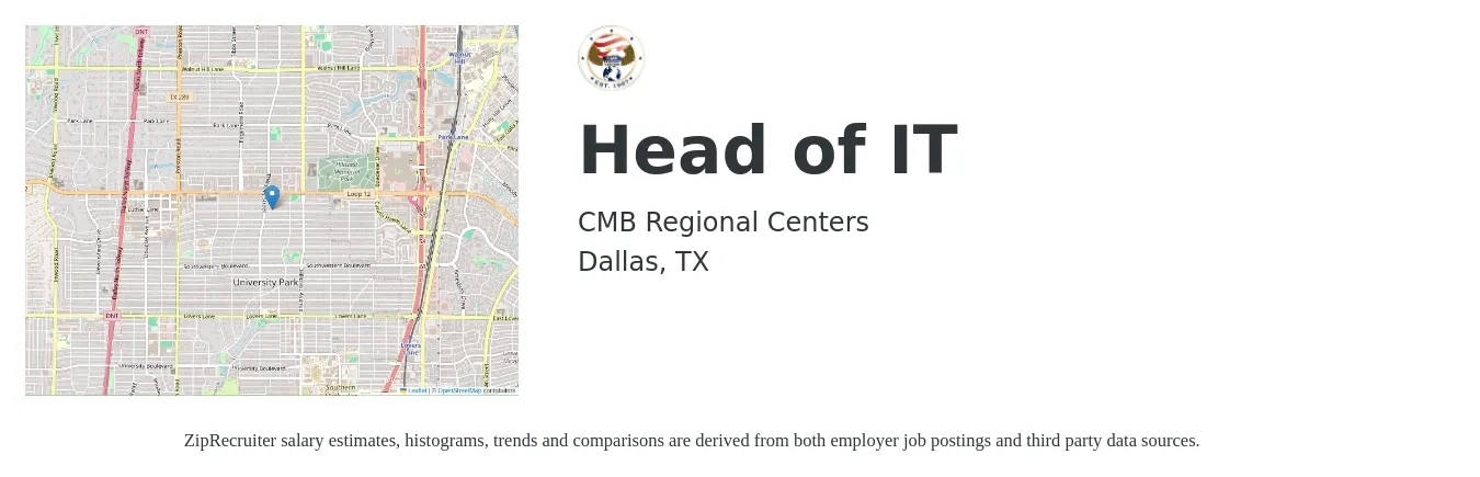 CMB Regional Centers job posting for a Head of IT in Dallas, TX with a salary of $99,800 to $146,500 Yearly with a map of Dallas location.