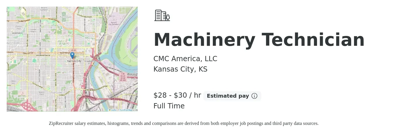 CMC America, LLC job posting for a Machinery Technician in Kansas City, KS with a salary of $30 to $32 Hourly with a map of Kansas City location.
