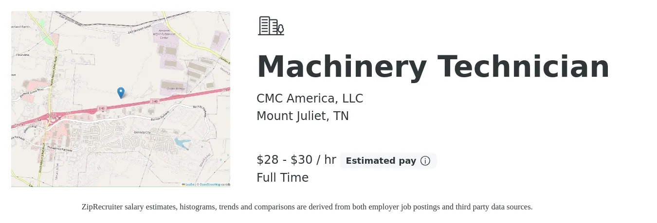 CMC America, LLC job posting for a Machinery Technician in Mount Juliet, TN with a salary of $30 to $32 Hourly with a map of Mount Juliet location.