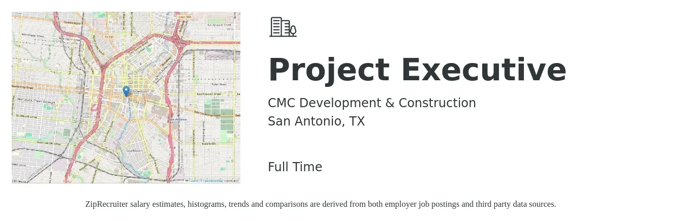 CMC Development & Construction job posting for a Project Executive in San Antonio, TX with a salary of $127,600 to $177,200 Yearly with a map of San Antonio location.