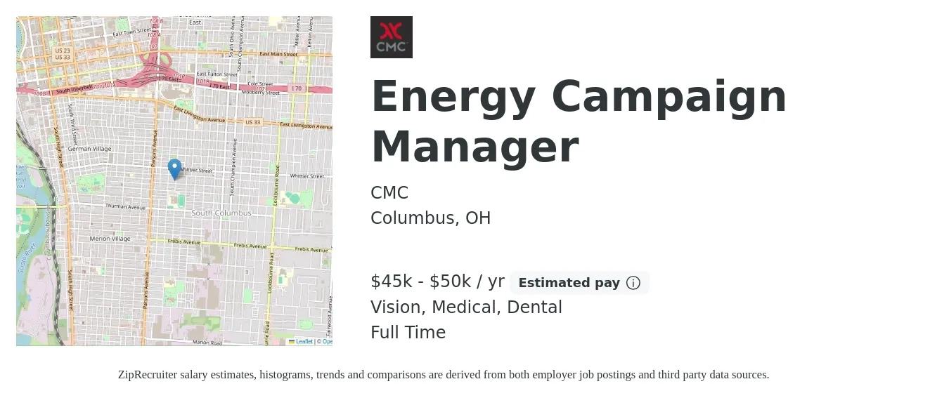 CMC job posting for a Energy Campaign Manager in Columbus, OH with a salary of $45,000 to $50,000 Yearly (plus commission) and benefits including dental, medical, and vision with a map of Columbus location.