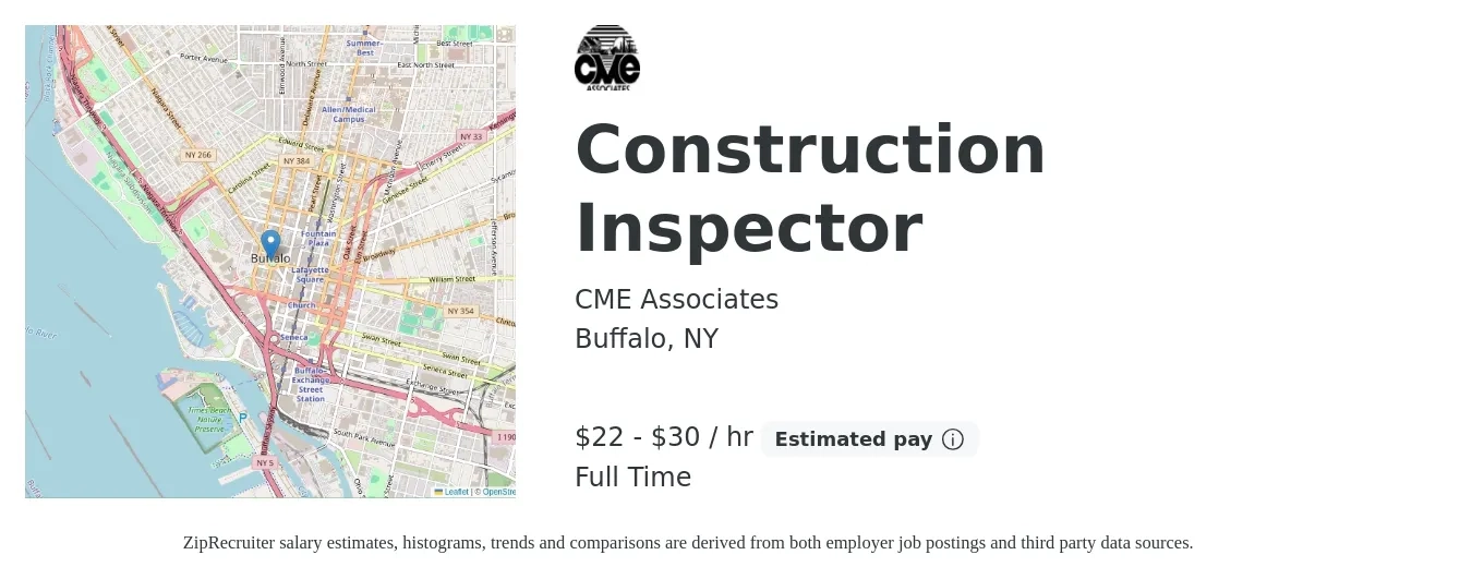 CME Associates job posting for a Construction Inspector in Buffalo, NY with a salary of $23 to $32 Hourly with a map of Buffalo location.